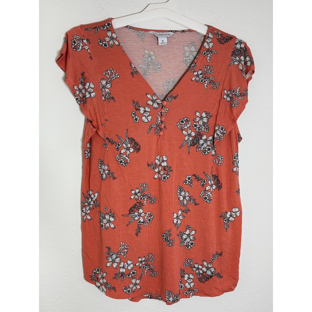 Liz Claiborne Womens Coral Floral V-Neck Flutter Sleeve Top Size M Blouse Button